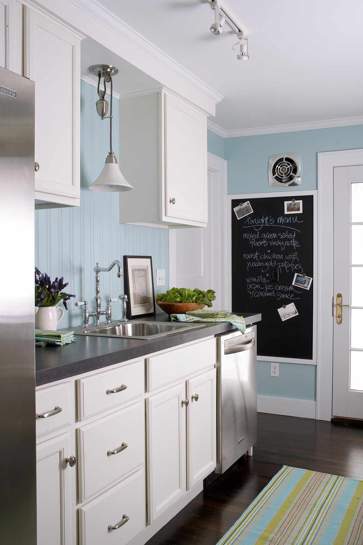 updated blue kitchen white cabinets