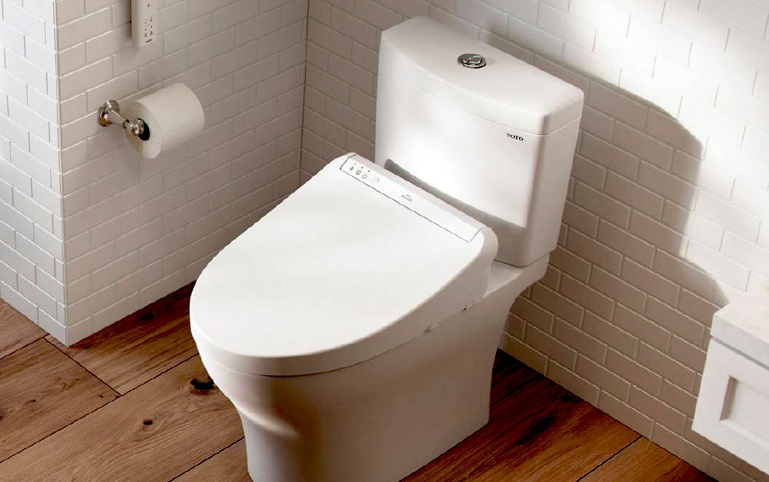 TOTO Electric Bidet in a bathroom with a wooden floor
