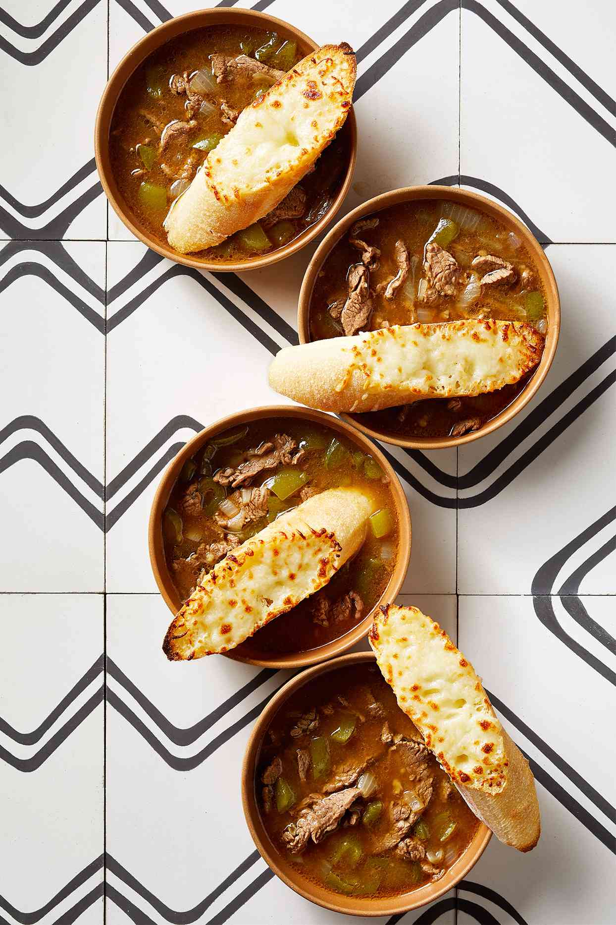 Cheese steak soup bowls with bread