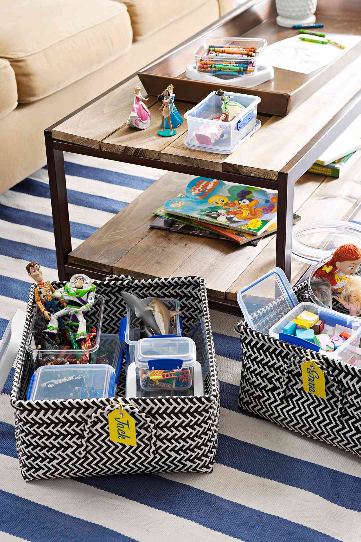 black-and-white labeled baskets with various toys