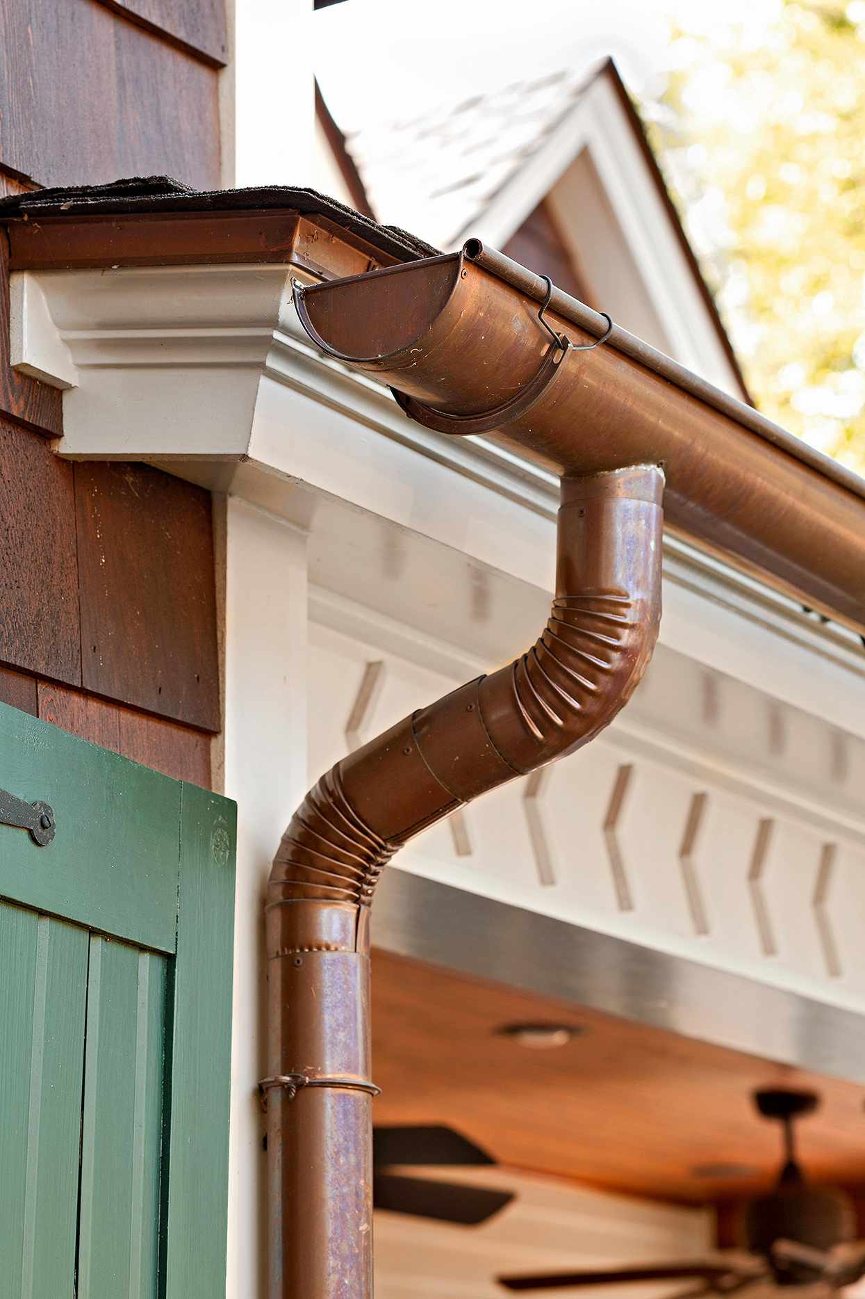 detail of copper gutters on house exterior
