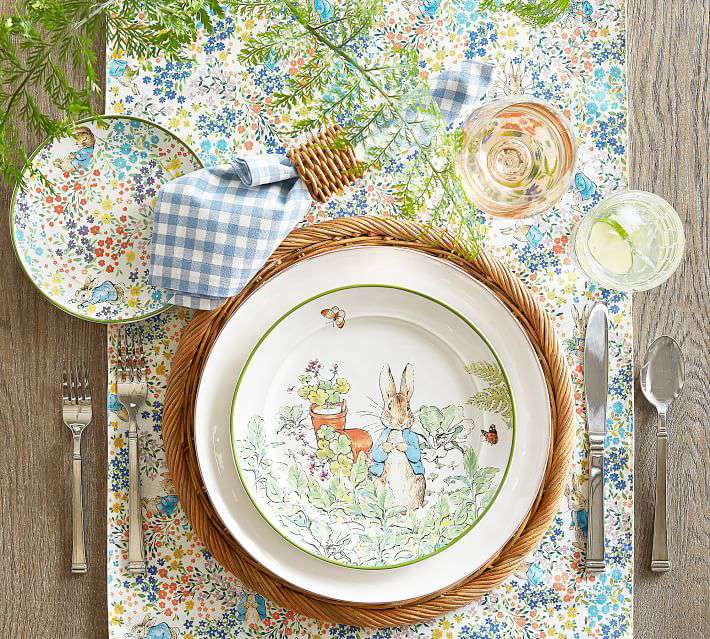 farmhouse Easter table setting with rabbit plate