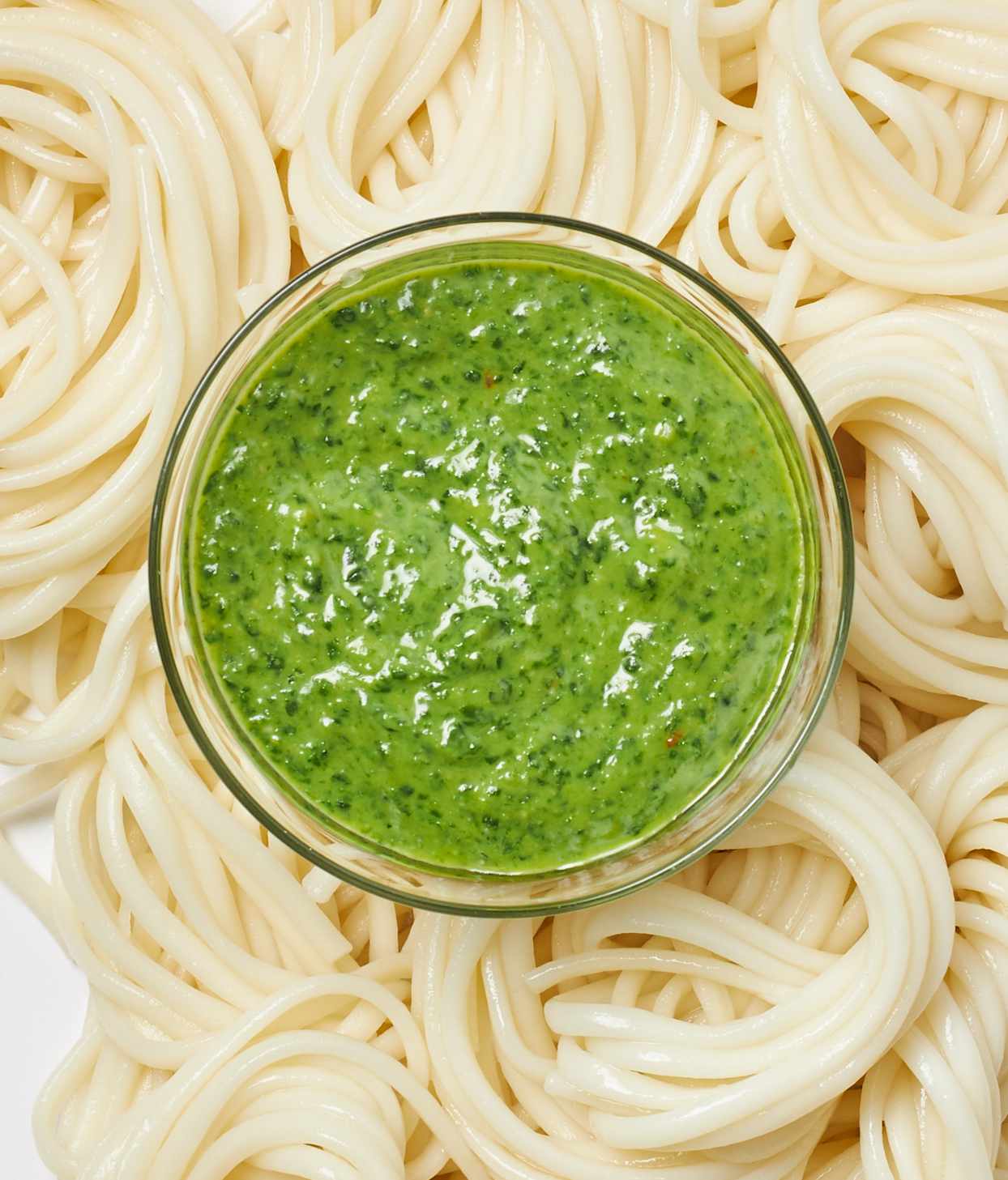 Spinach-Miso Sauce in dish over noodles