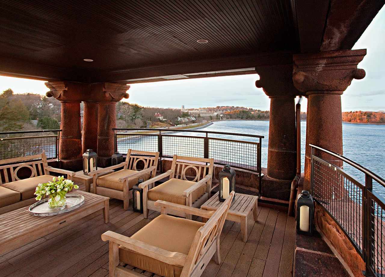 carved pillars deck style lake view