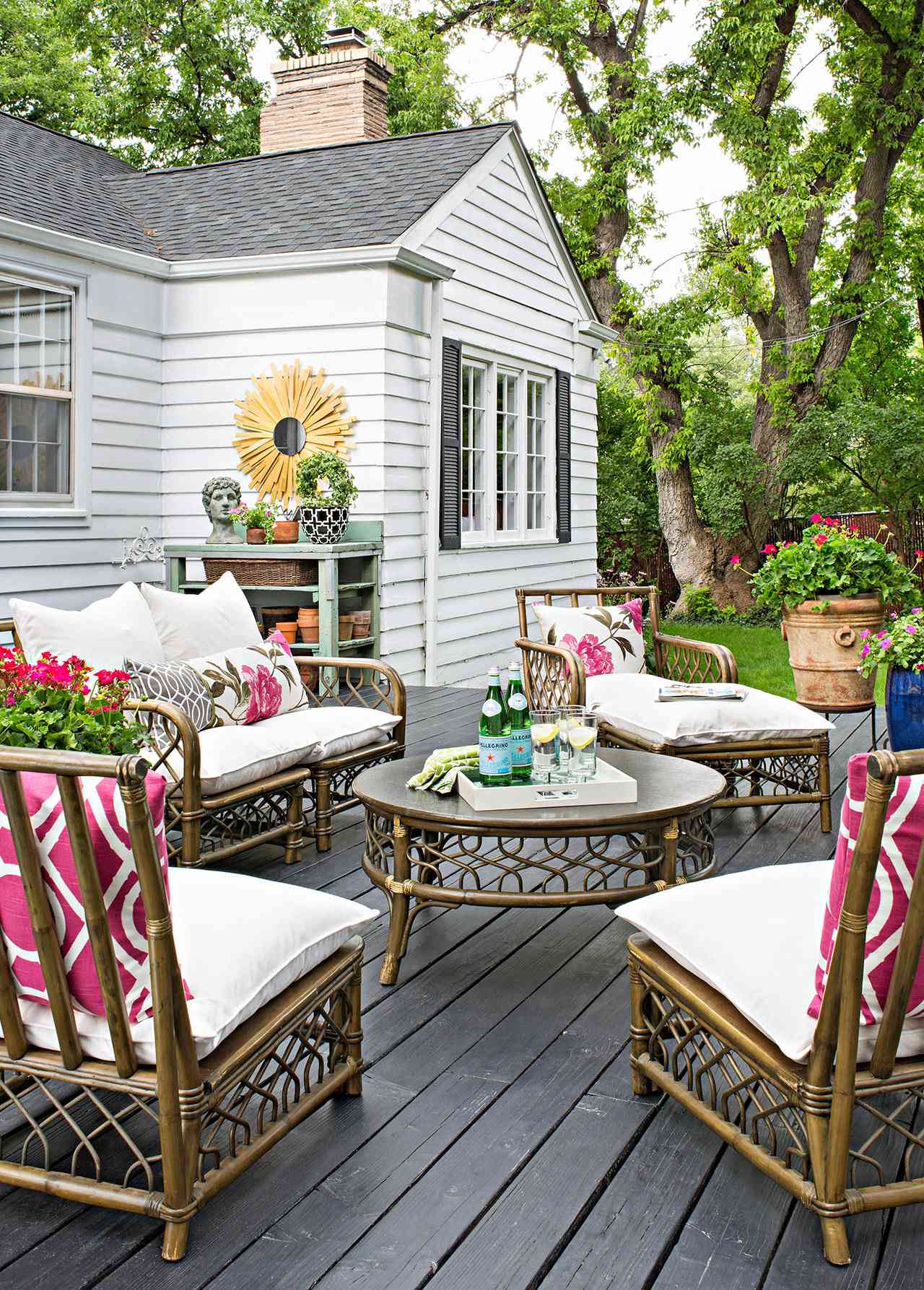 outdoor patio furniture set on wooden deck