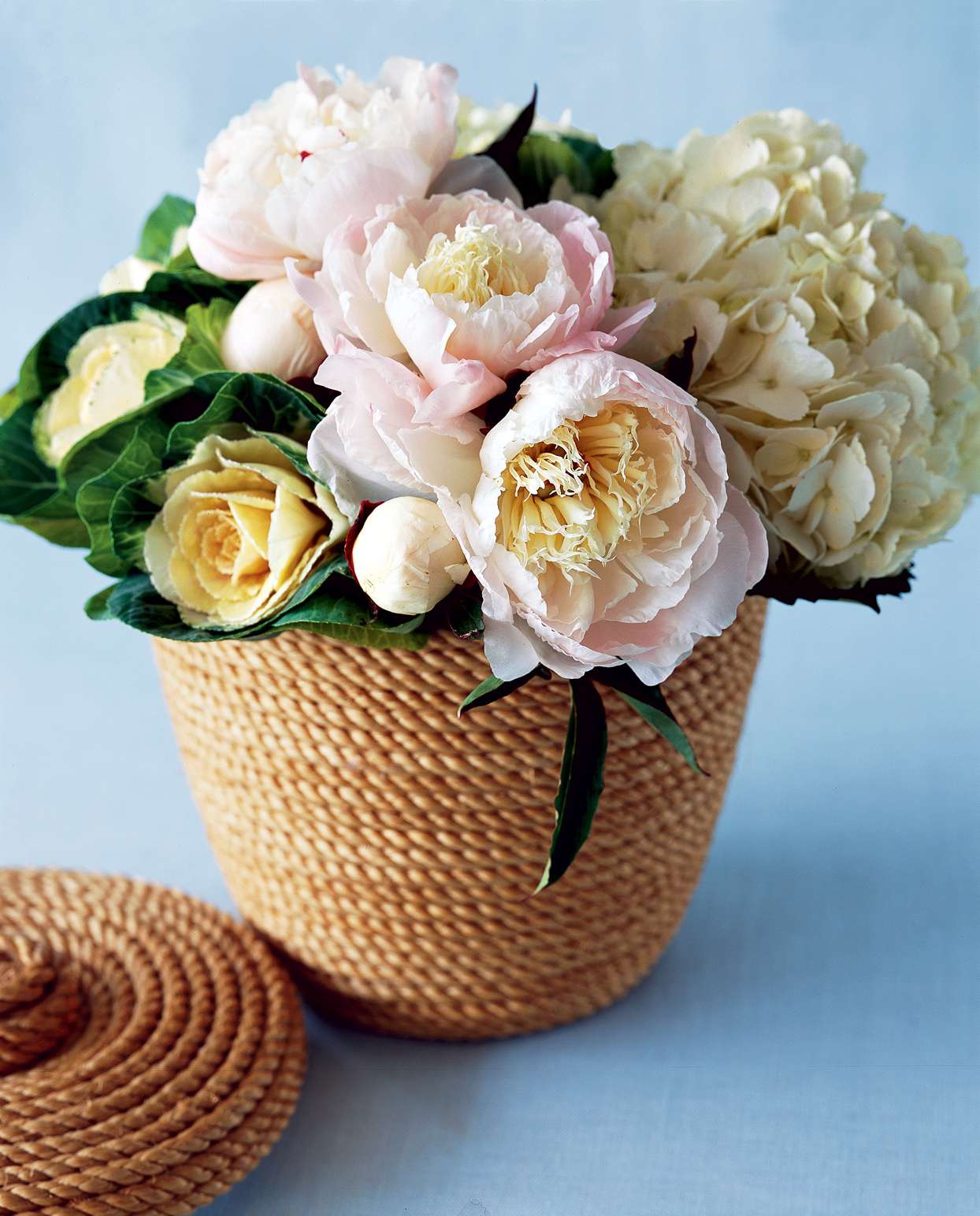 large white flowers woven basket