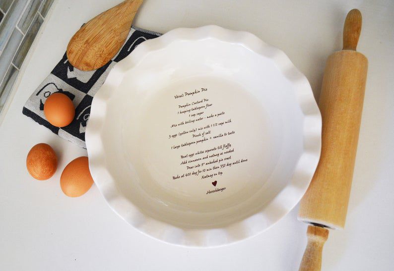 white ceramic pie plate with handwriting
