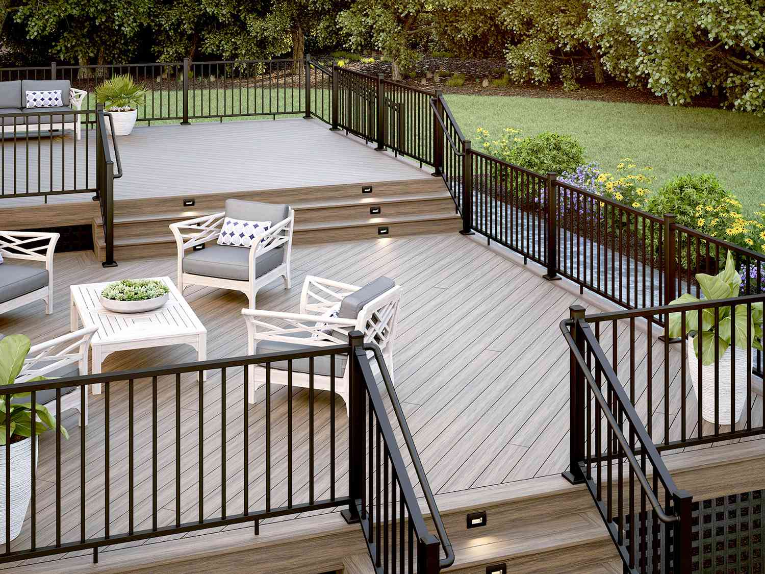 Porch with black railings and seating
