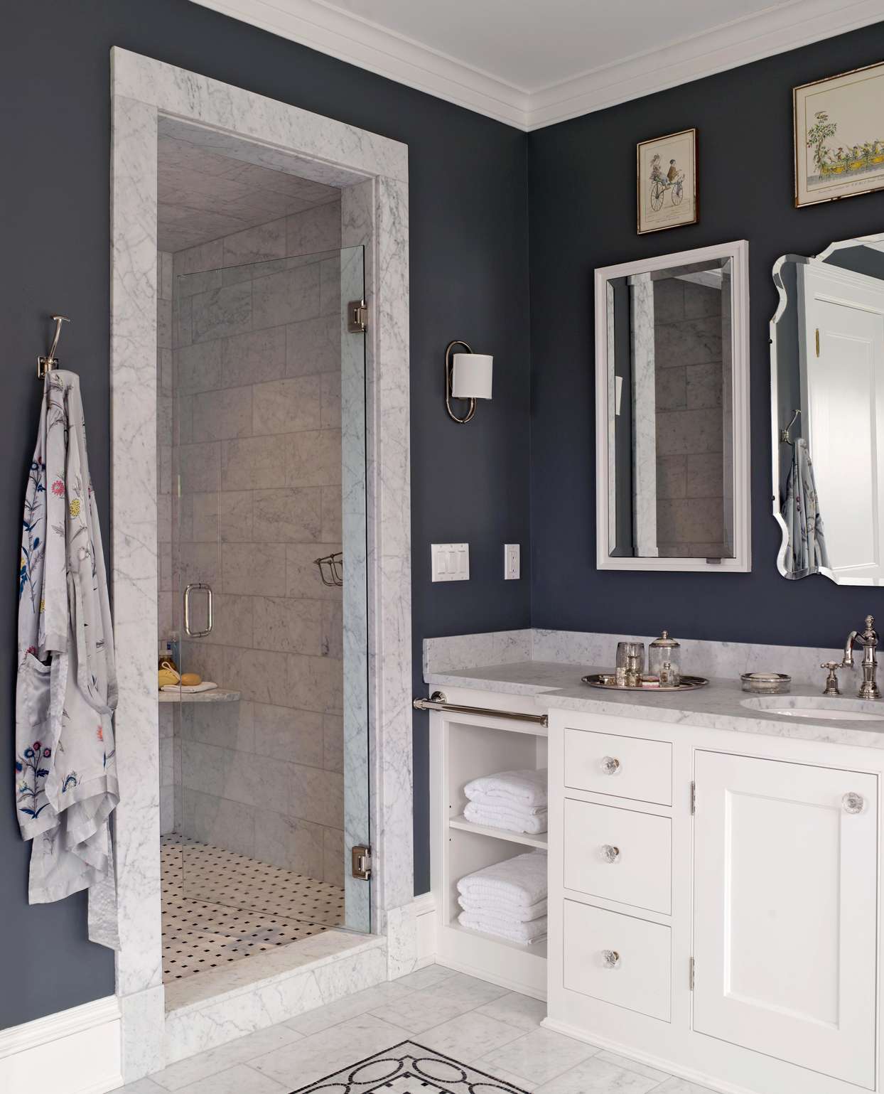 Charcoal bathroom with white cabinetry