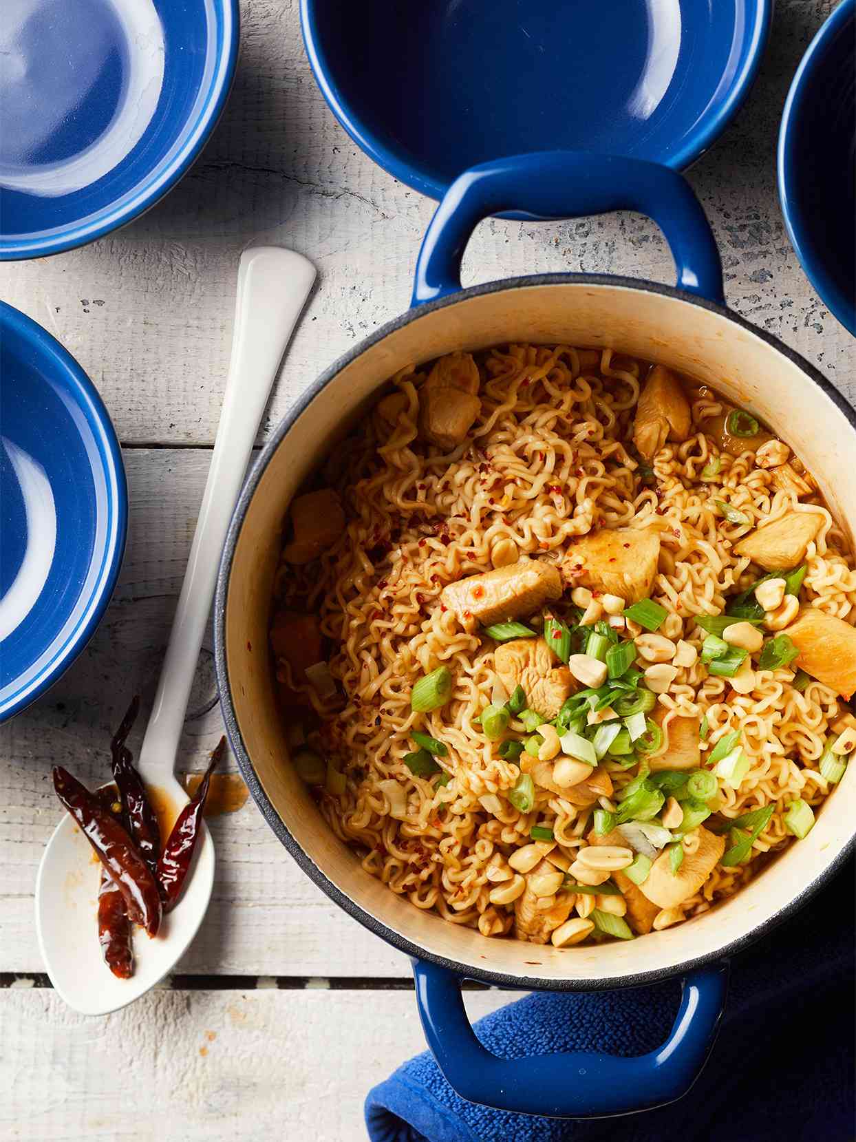 Spicy Chinese Chicken and Noodles in blue pot