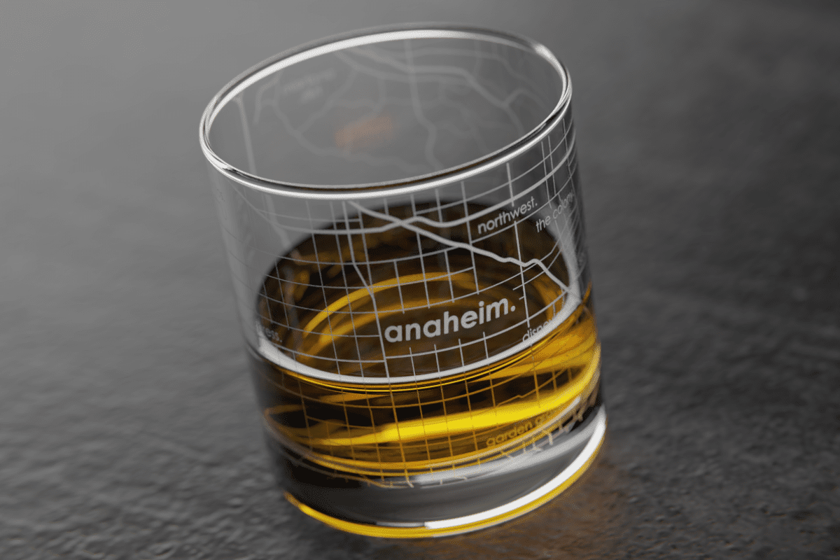 clear glass etched with map of anaheim, california