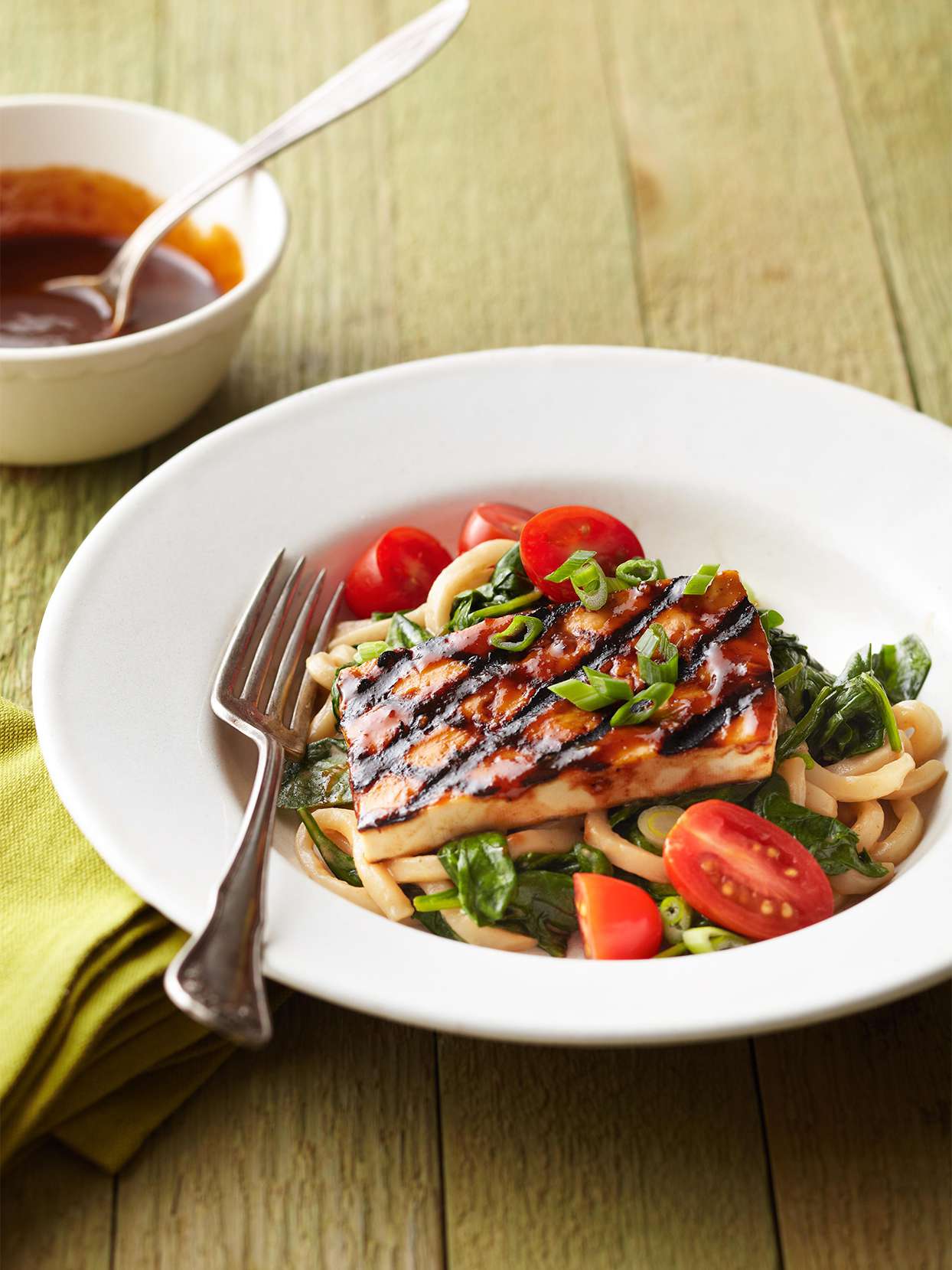 Grilled Tofu Teriyaki with Spicy Spinach Udon