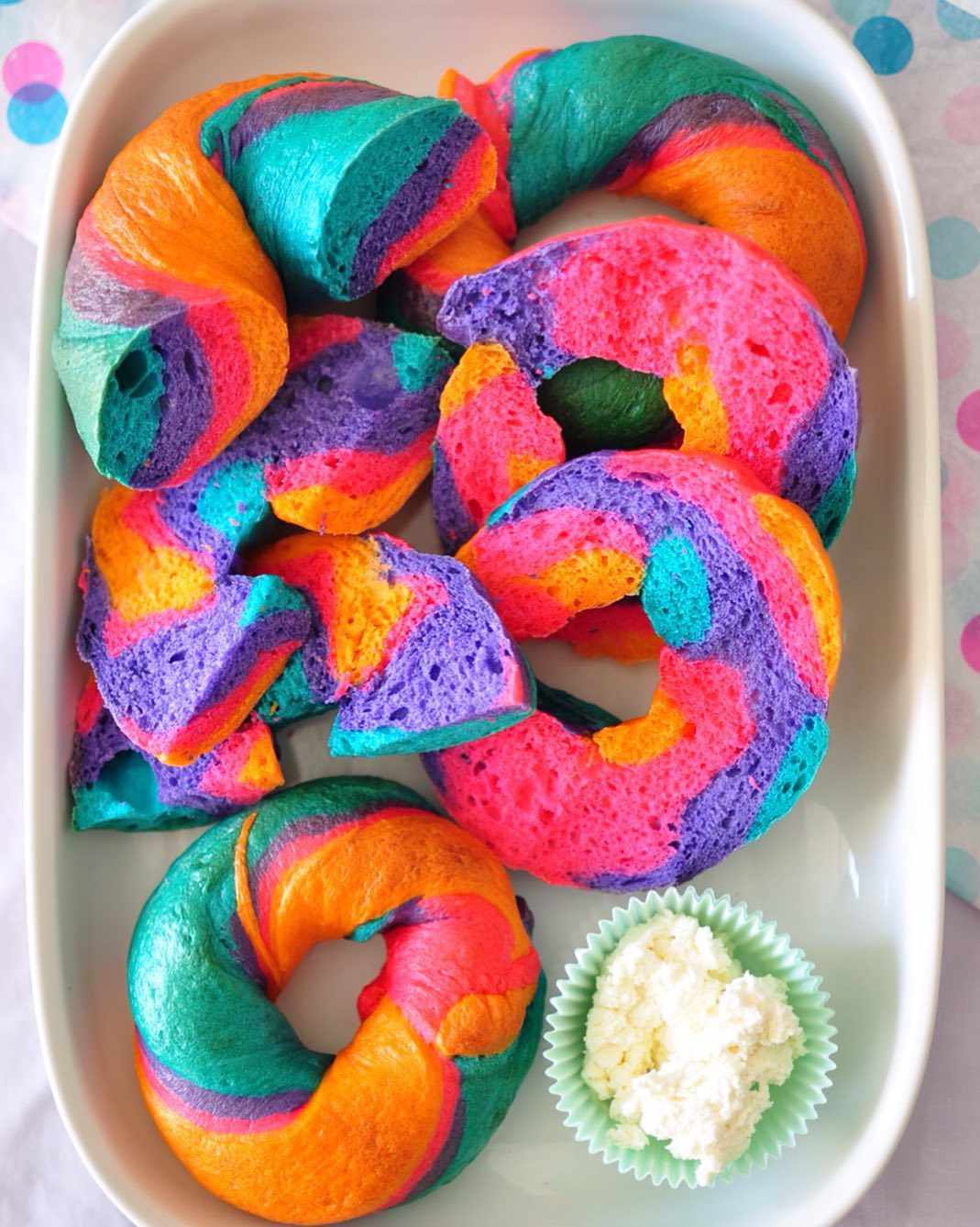 rainbow bagels with spread