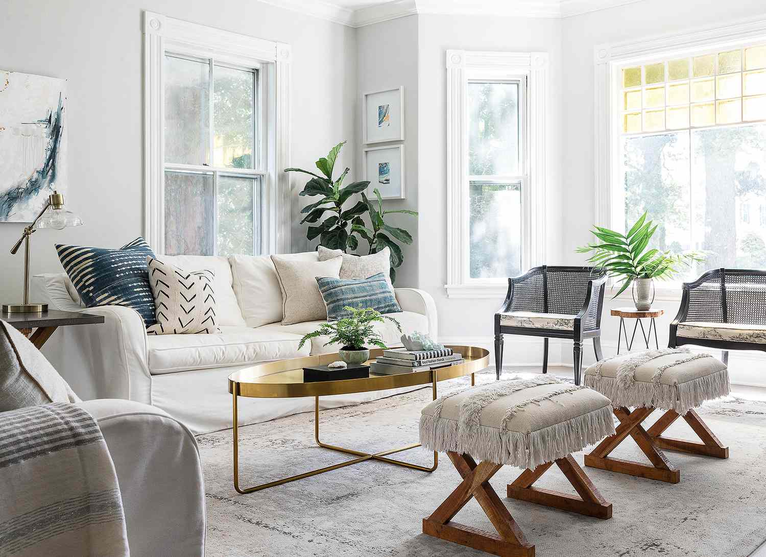 white living room with natural and blue coastal accents