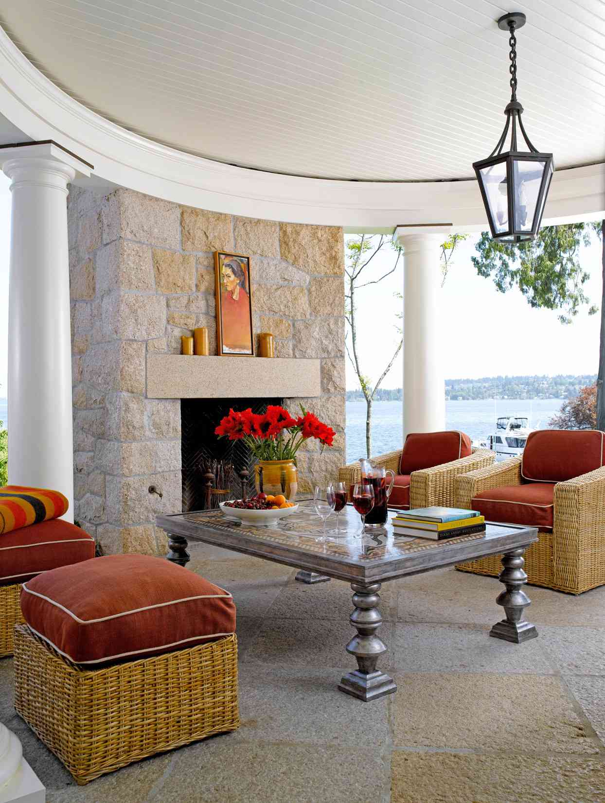 outdoor seating curved fireplace