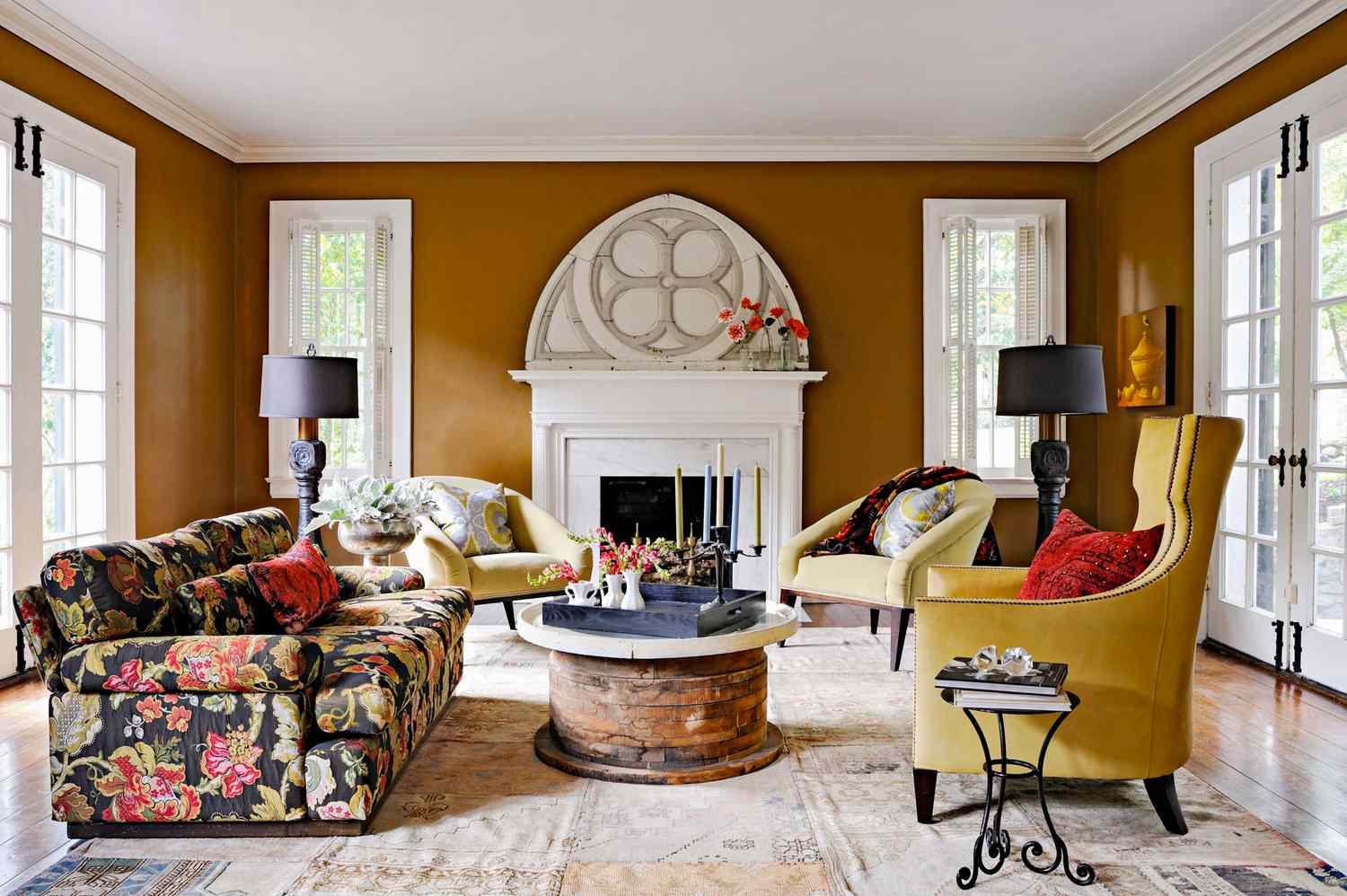 warm tones living room with round coffee table