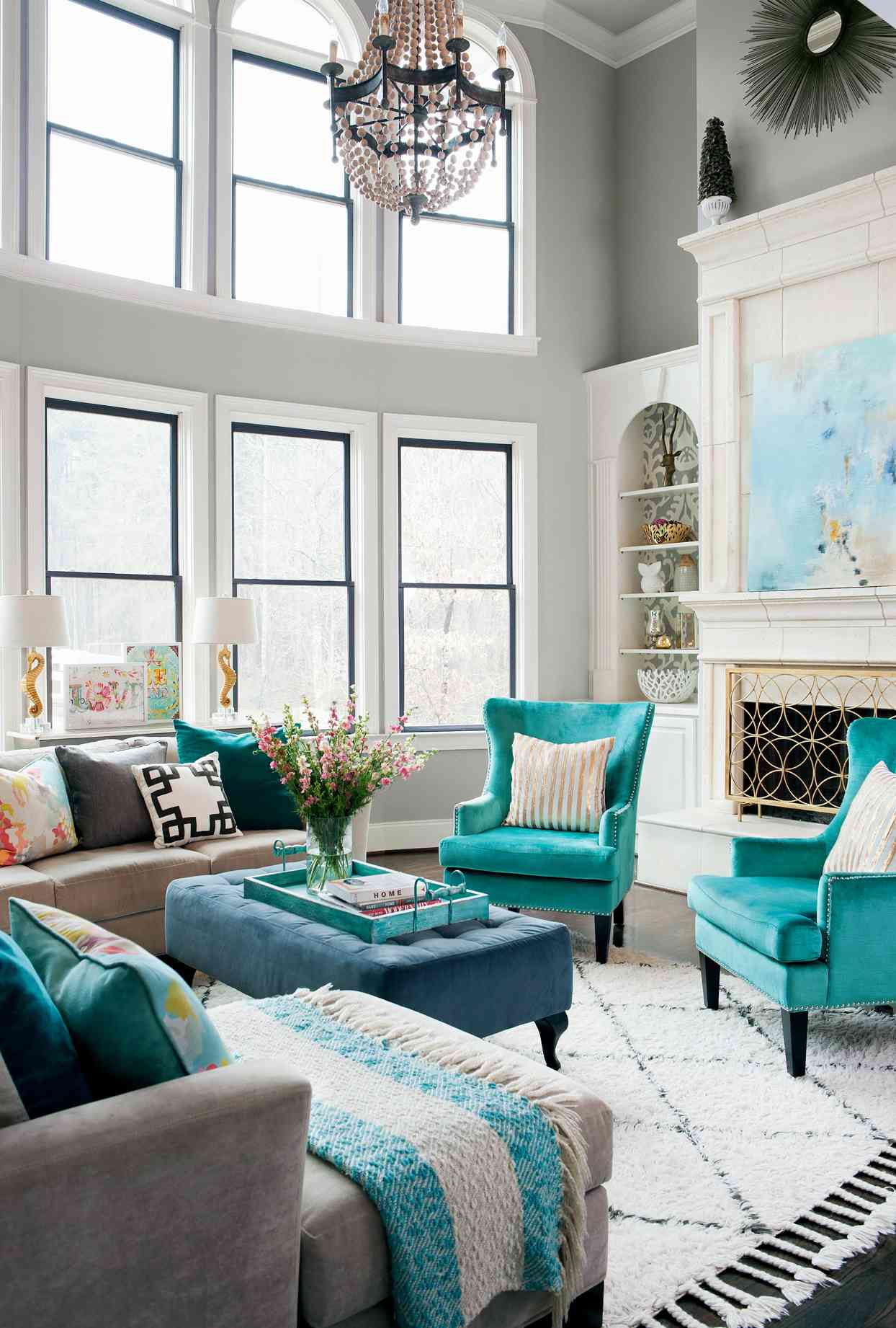 grey walls with turquoise furniture