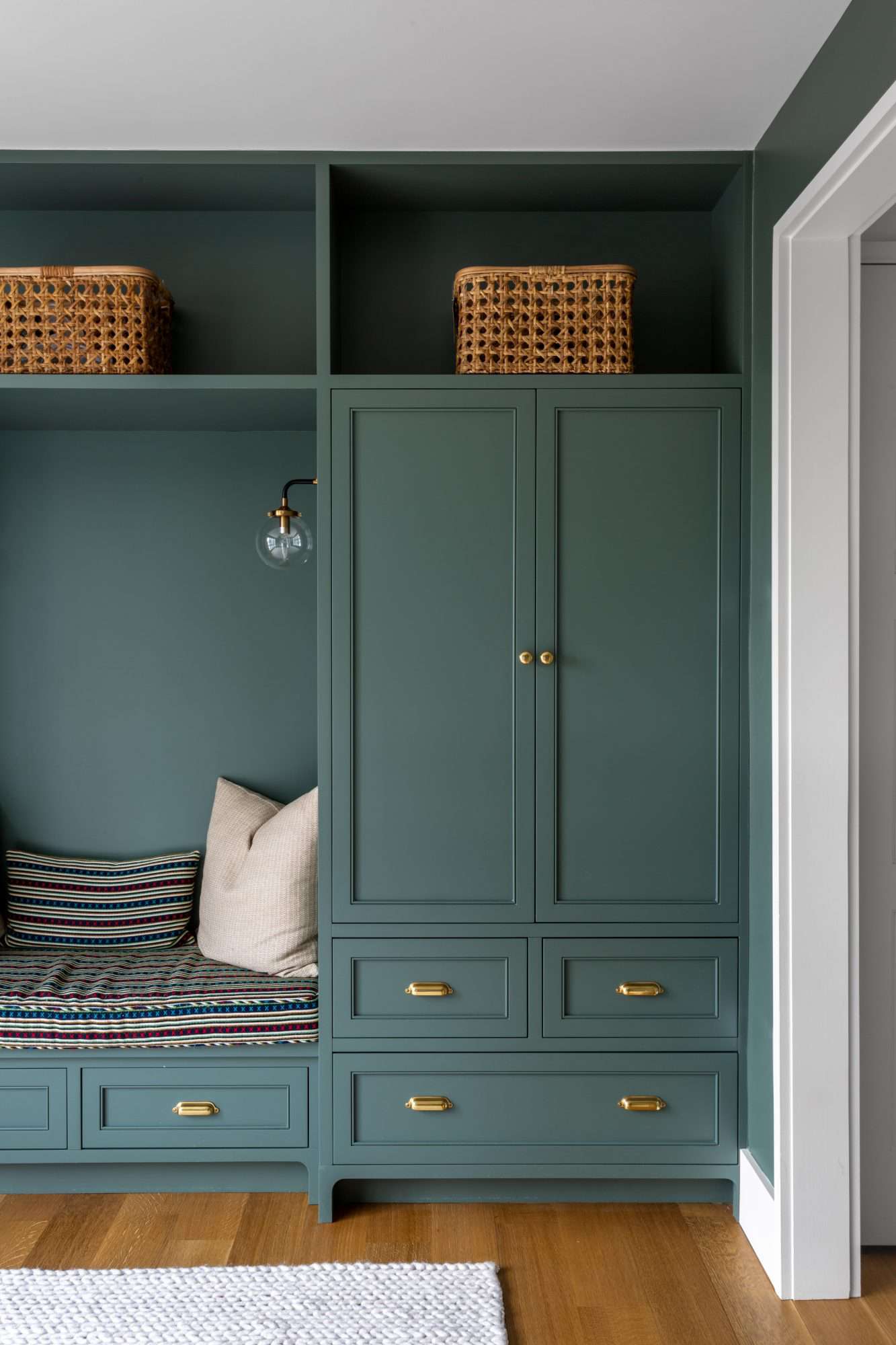 cabinets and sitting area, painted dark green