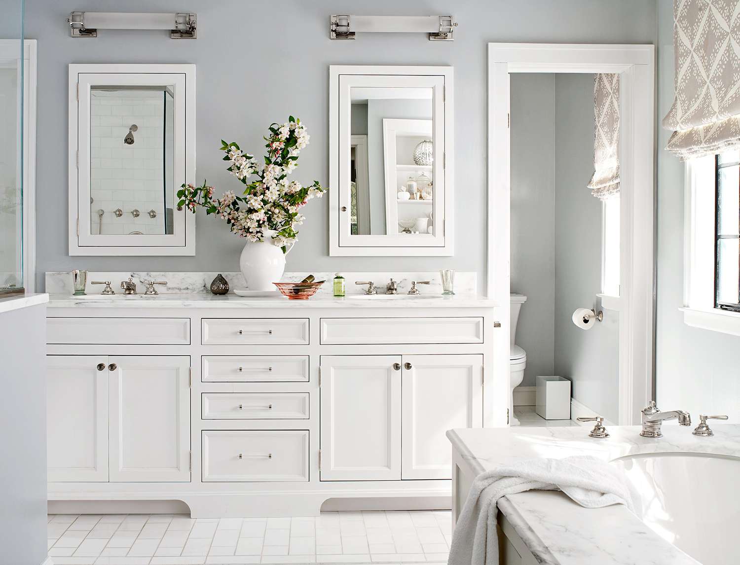 symmetrical double vanity bathroom marble counters