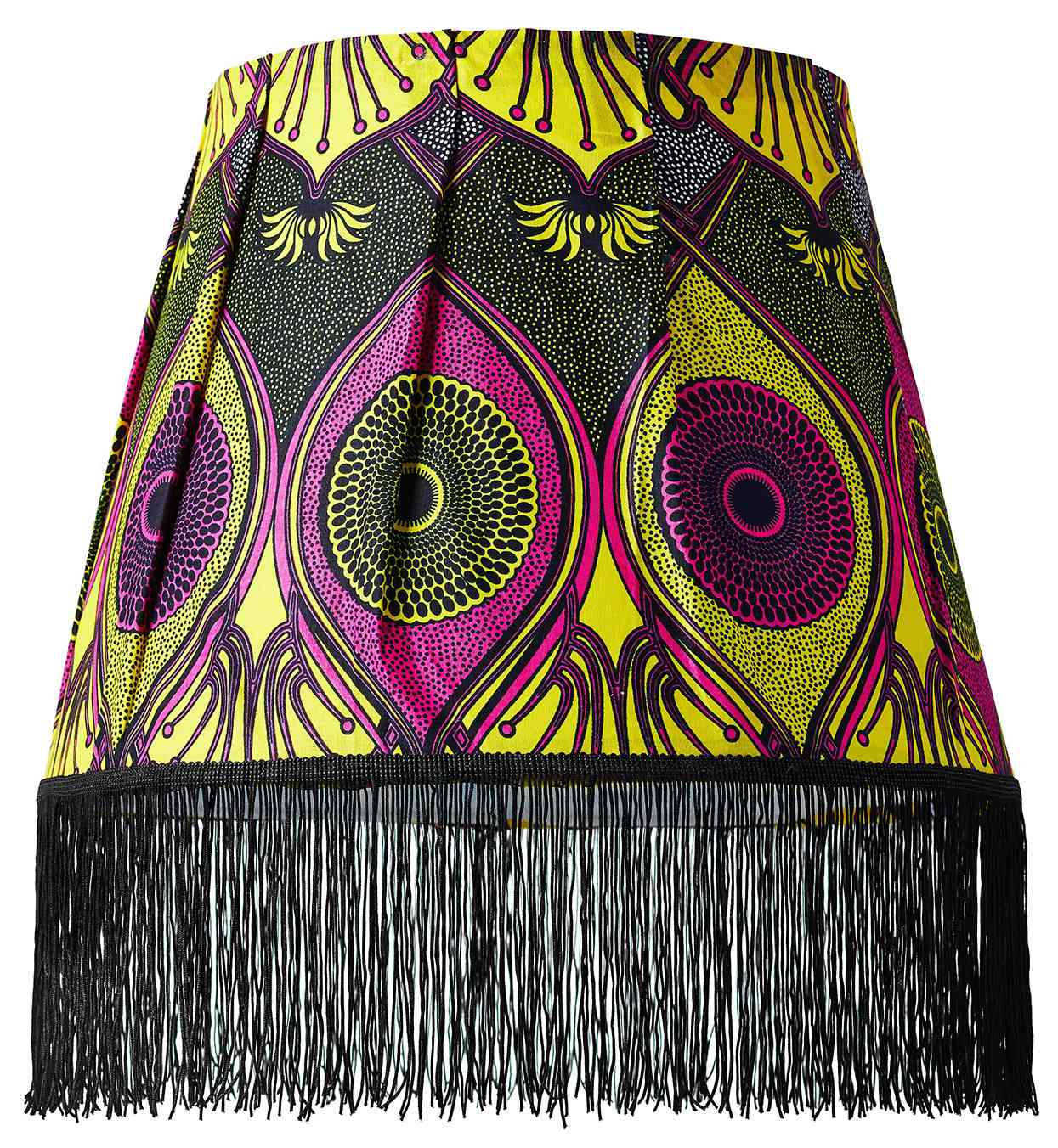 lampshade with bold fabric and black fringe trim