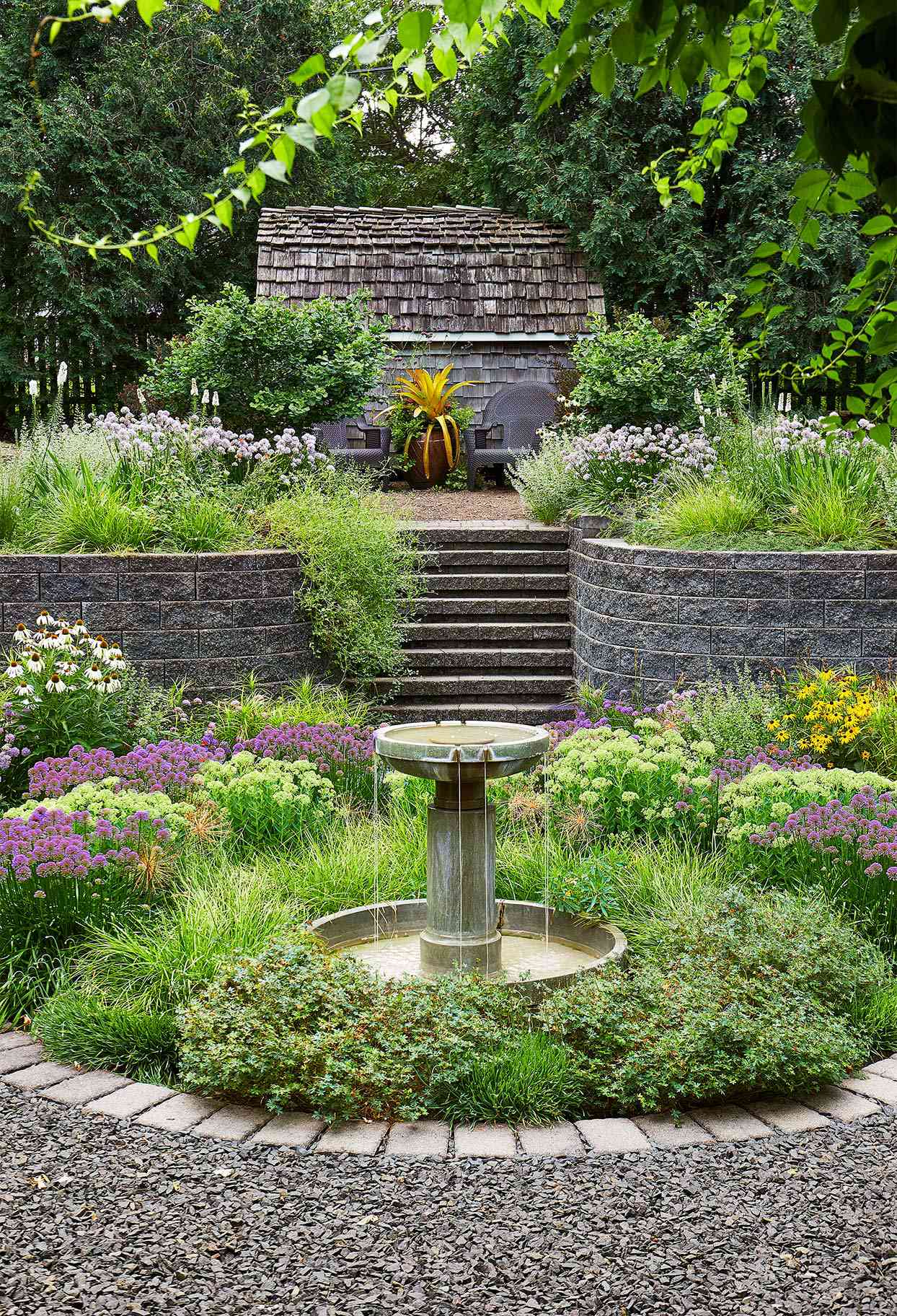 fountain in center of garden
