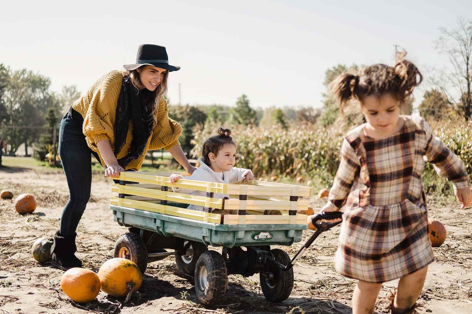 family at pumpkin patch in wagon