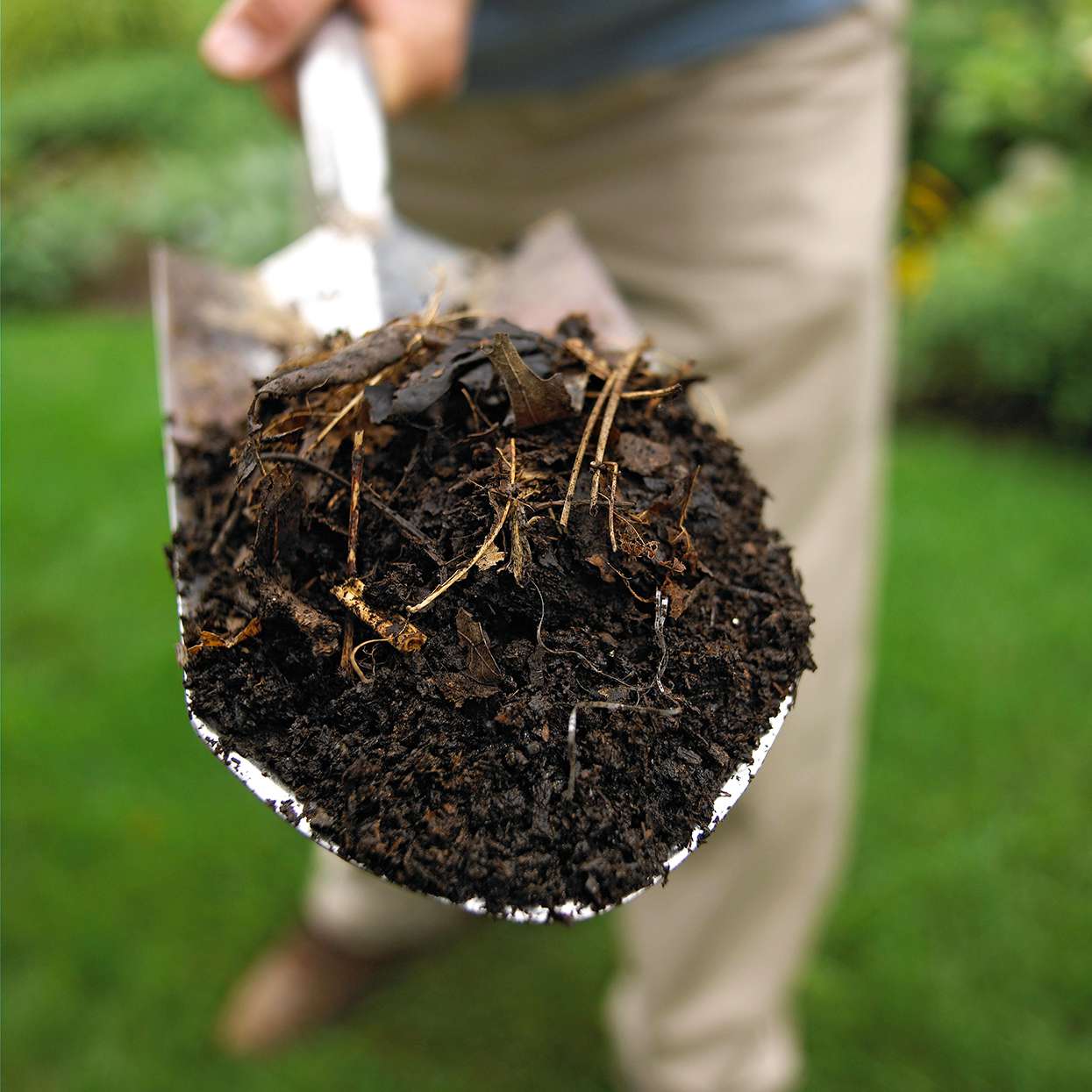 compost soil on shovel