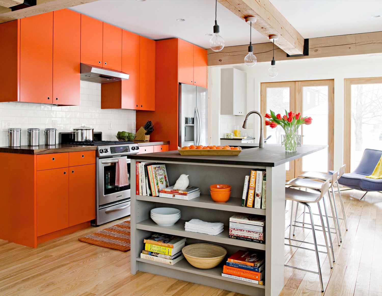 orange kitchen with grey island