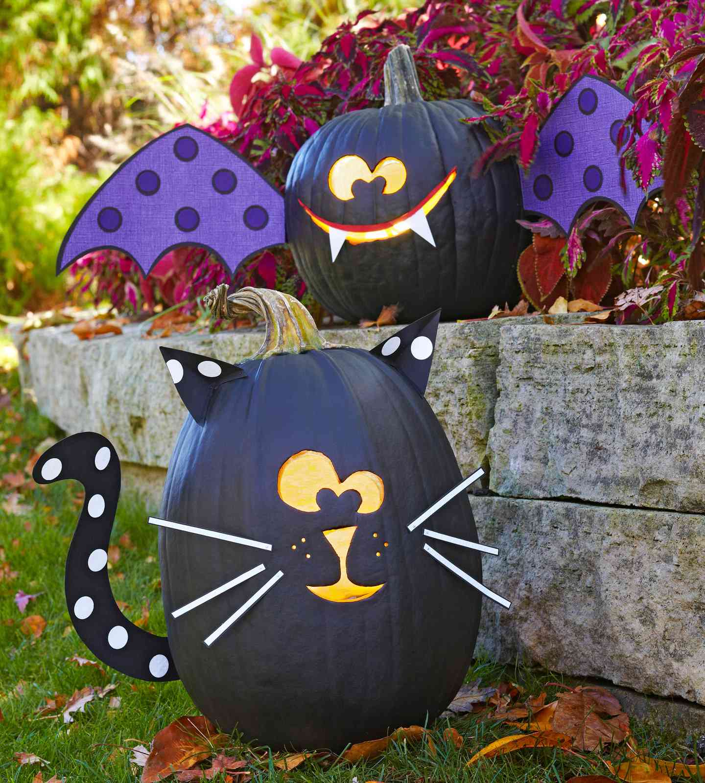 Black Cat and Bat Painted Pumpkins