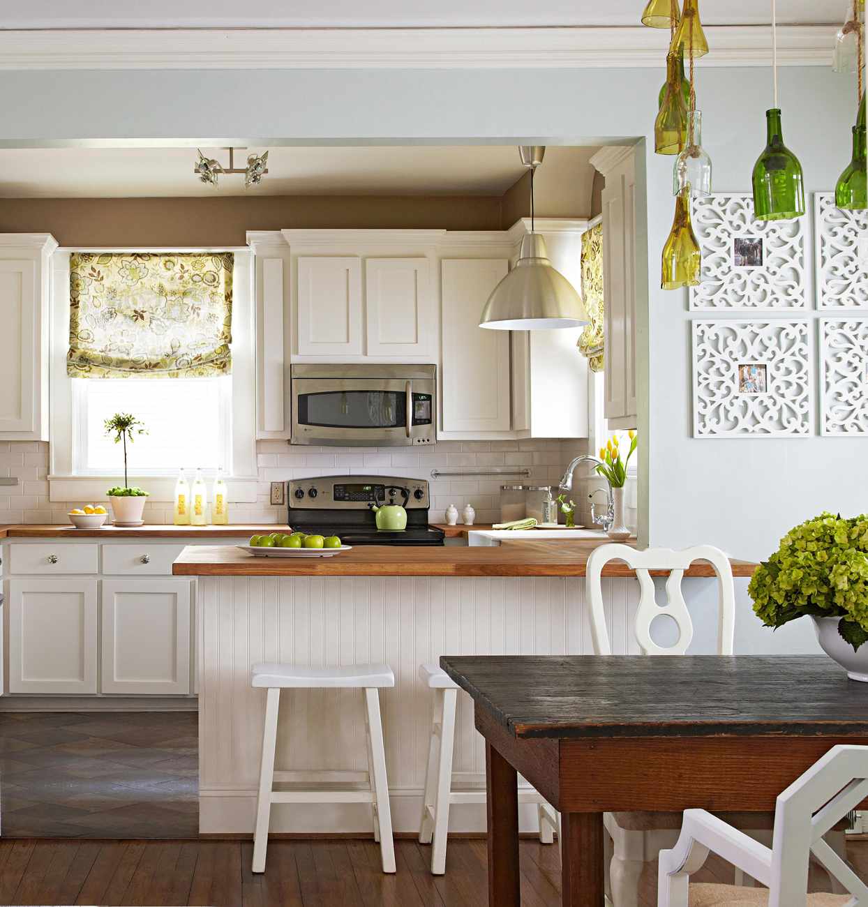 white kitchen with wood counters