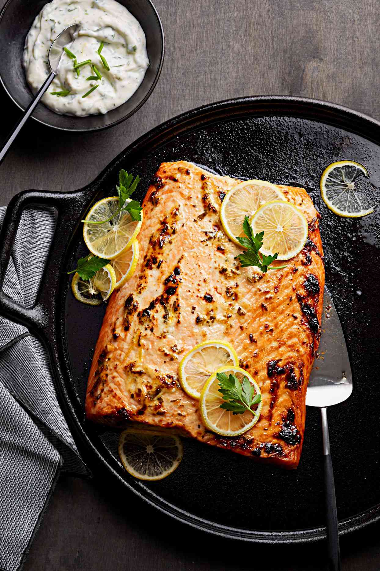 cast iron pan with Salmon with Lemon and Herbs