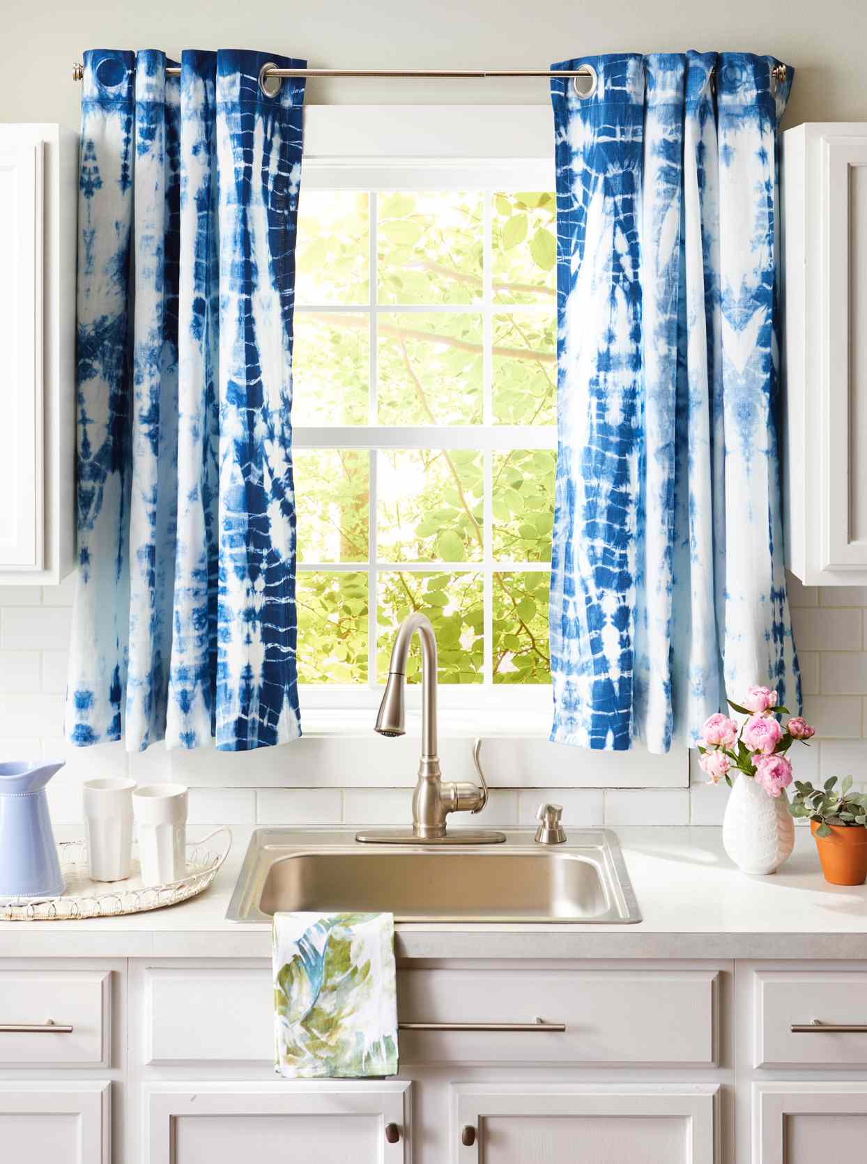 kitchen window shibori dye curtains