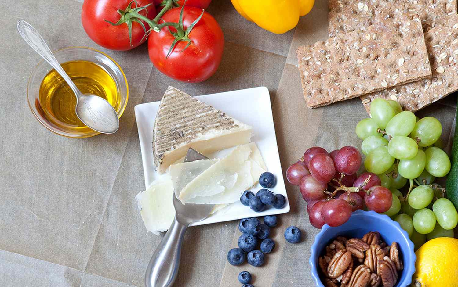 Mediterranean foods on a beige surface
