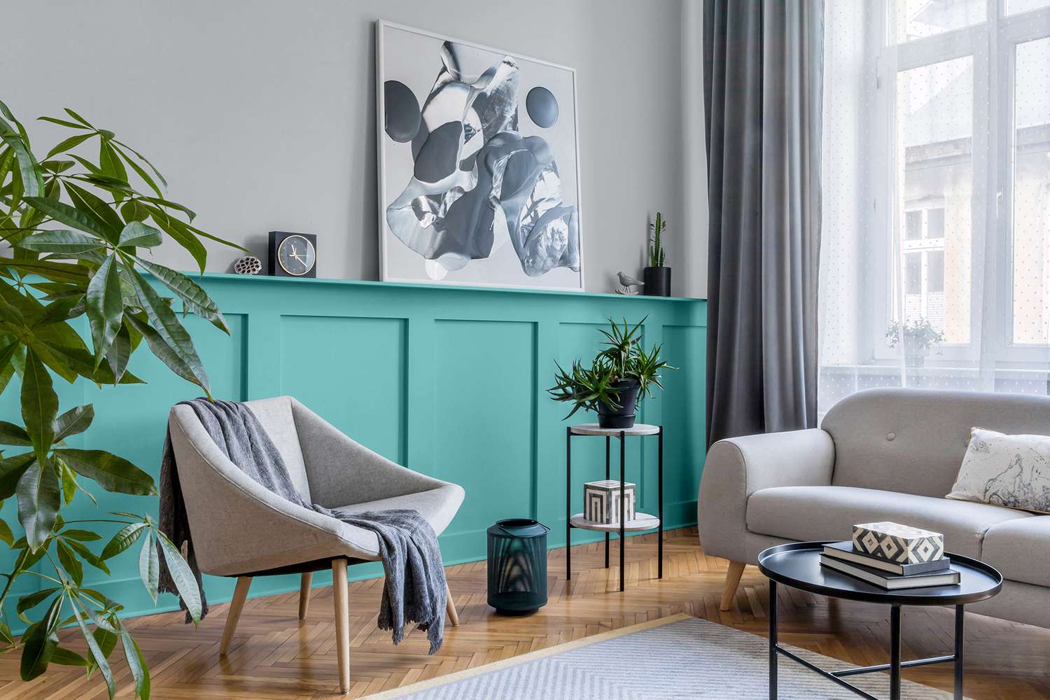 modern living room with aqua wainscoting
