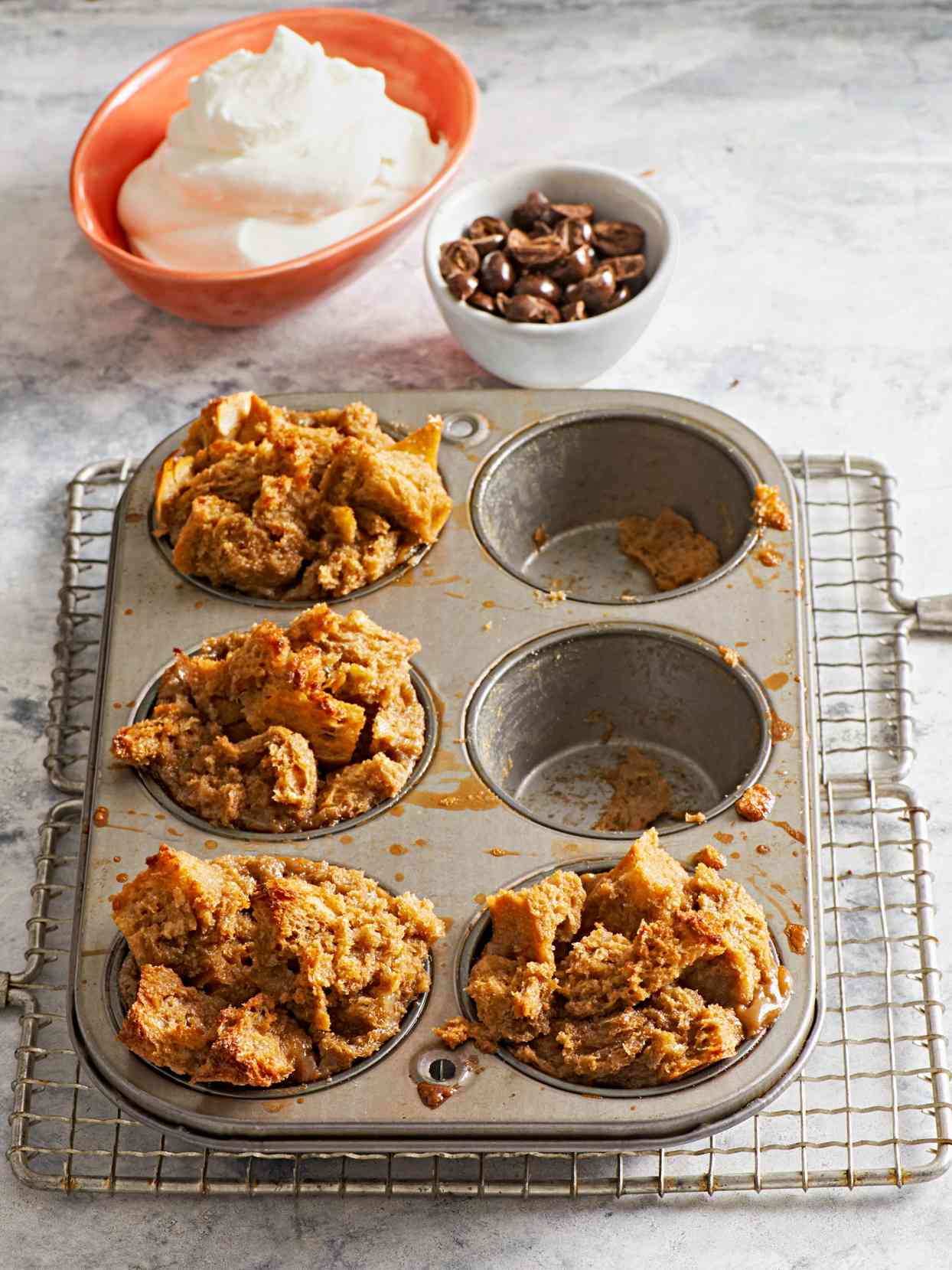 muffin tin with Coffee and Cream Bread Puddings