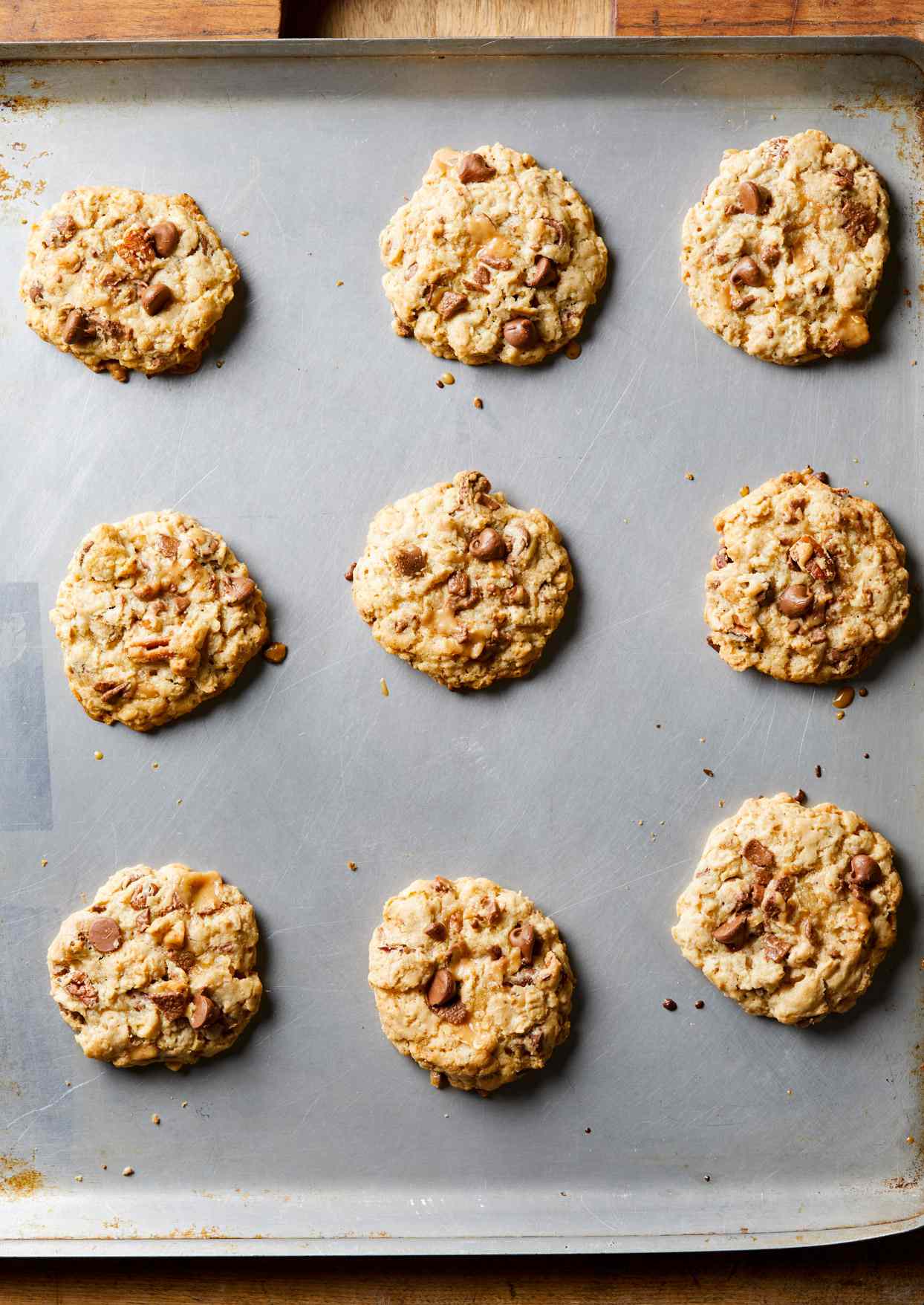sheet pan of Browned Butter-Toffee Chocolate Chip Cookies