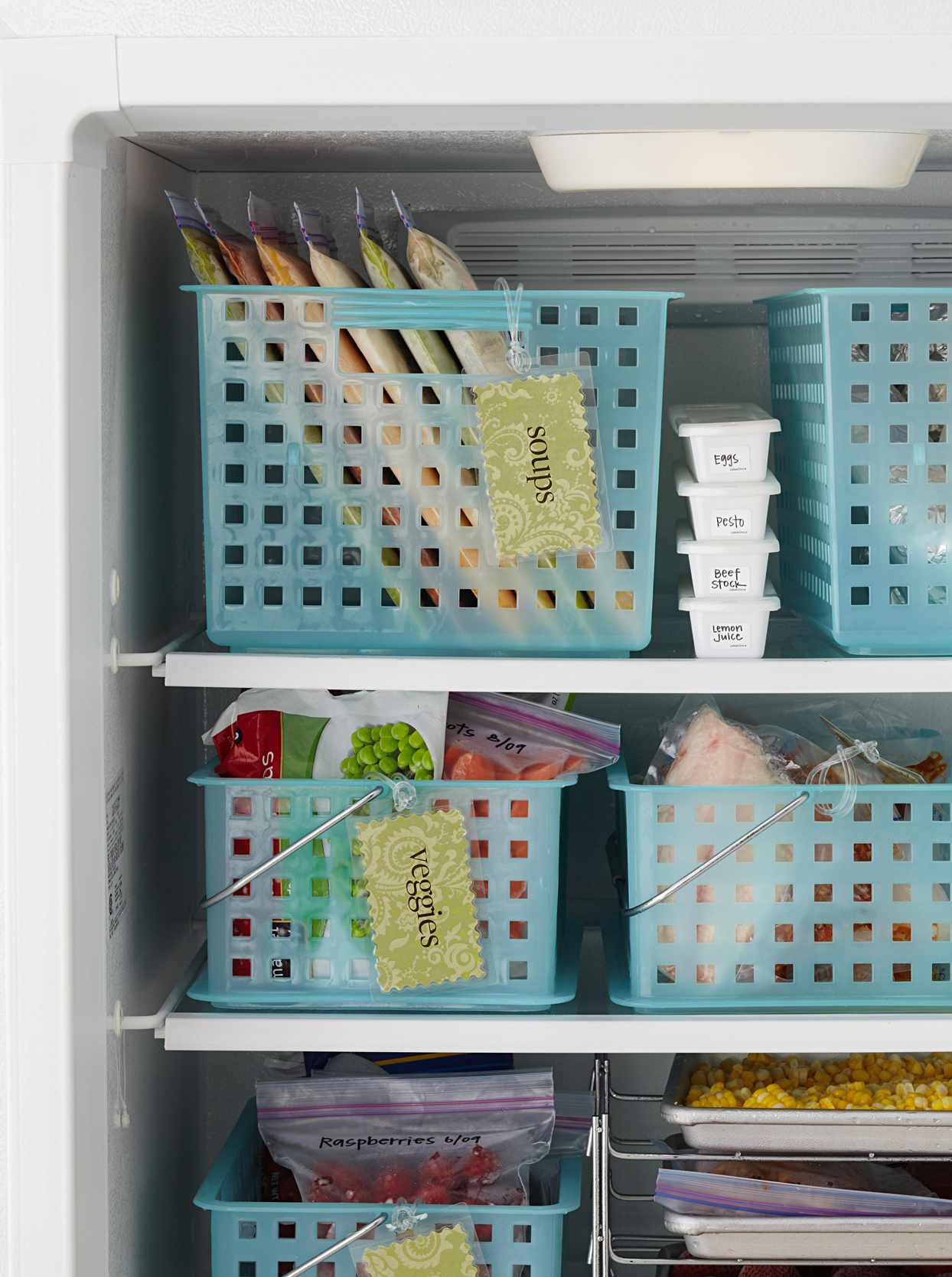 blue freezer storage baskets