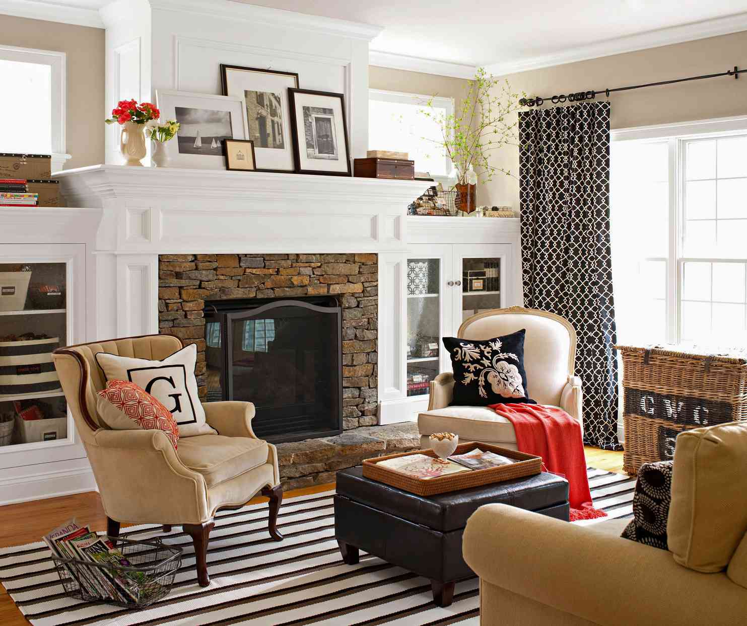 living room black white accents with fireplace