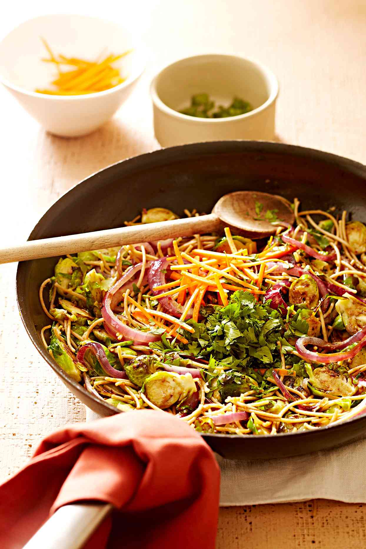 Brussels Sprouts and Noodle Stir-Fry with Cilantro and Almonds