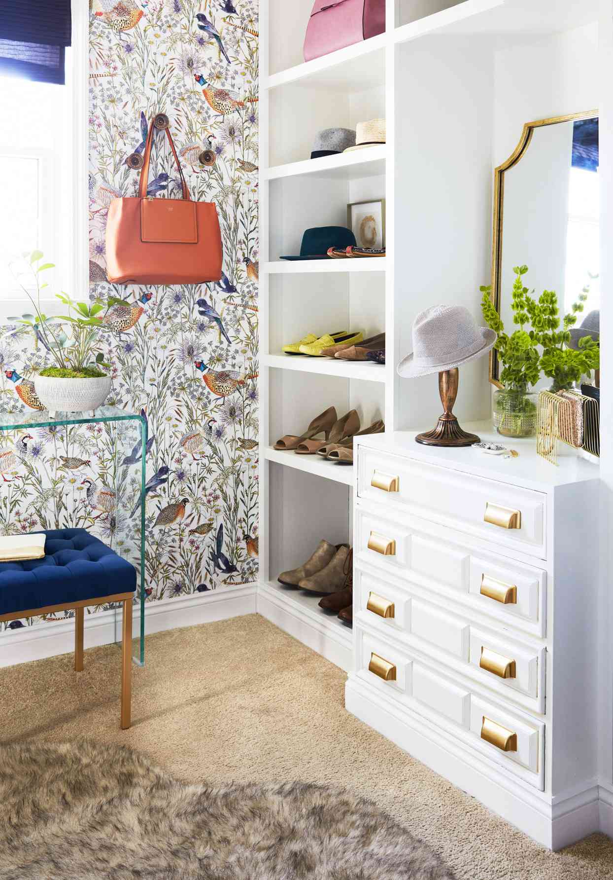 wallpapered closet with shoe shelf and dresser