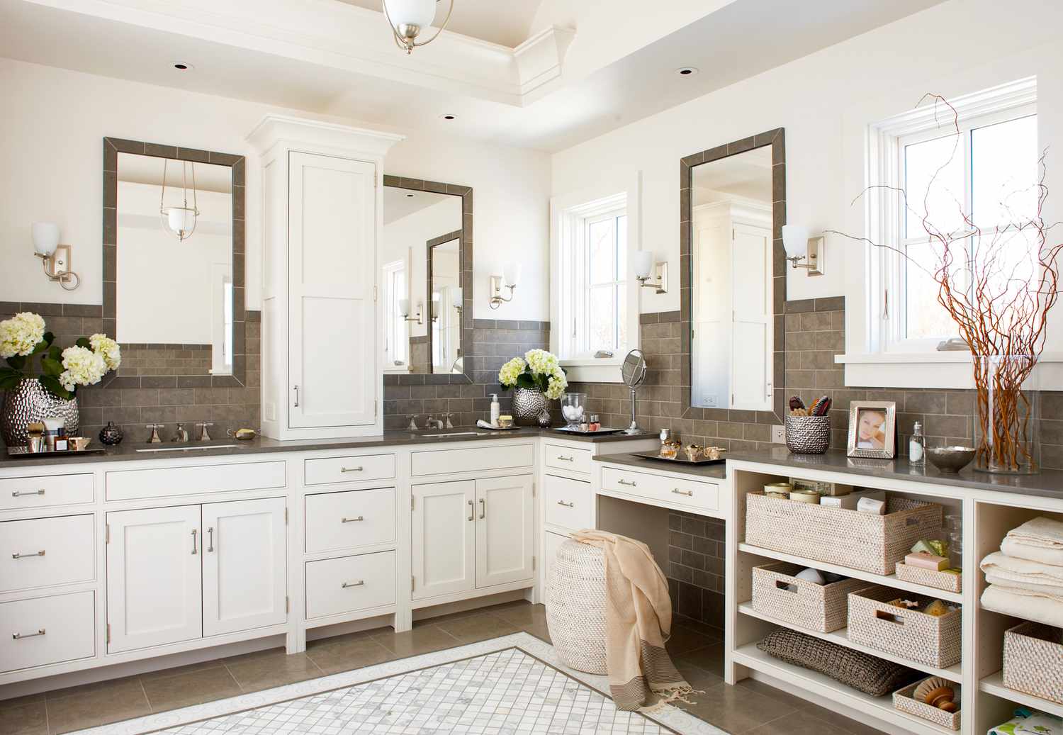 wide view of gray and white bathroom vanity