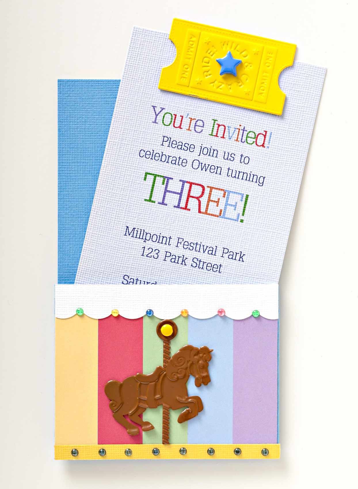 Multicolor invitation with metal horse accent