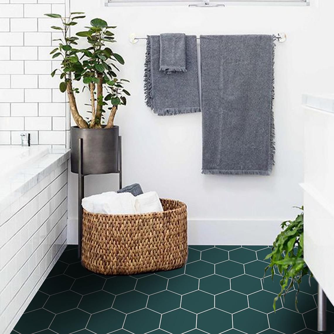 green vinyl floor tile in bathroom