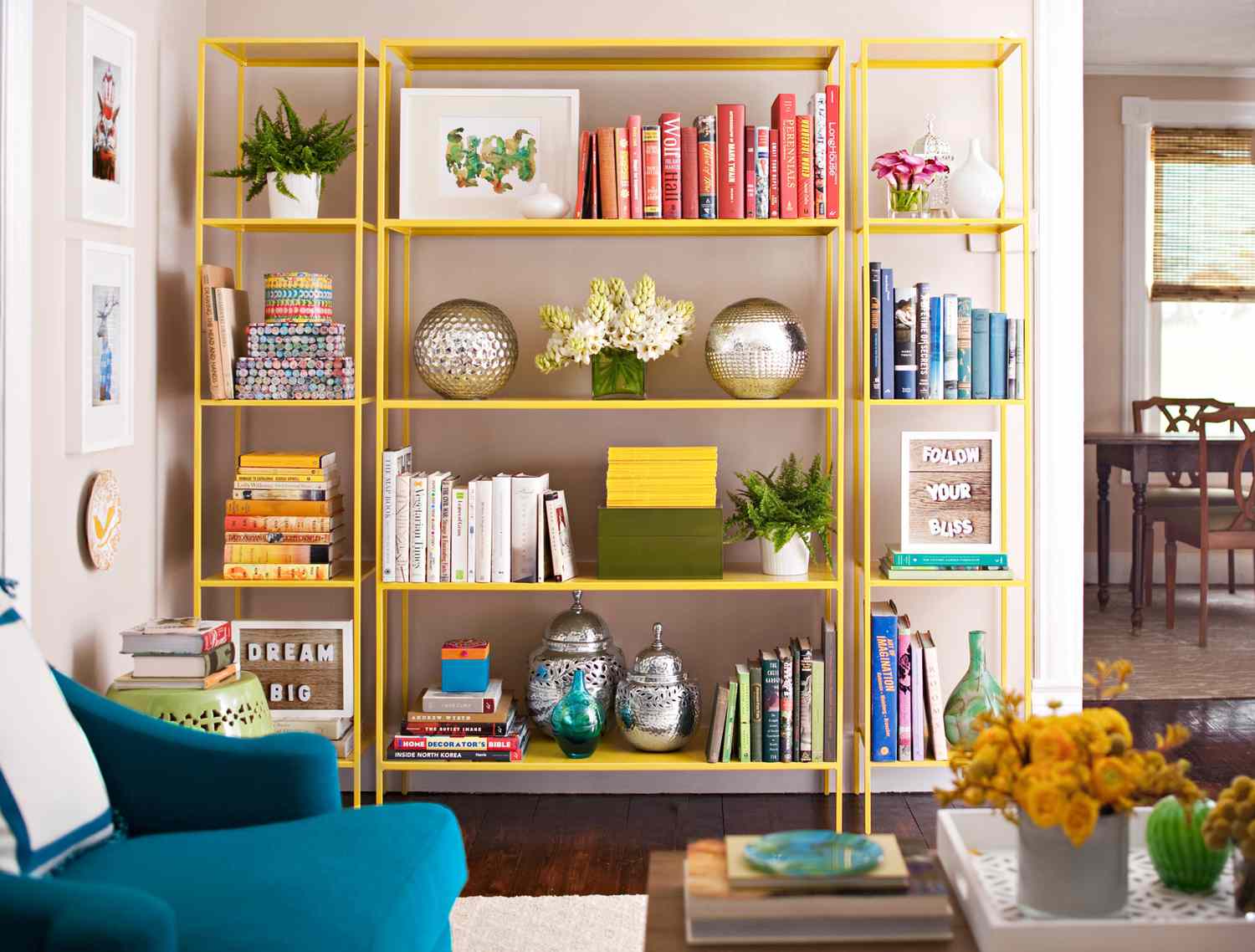 yellow metal bookshelves