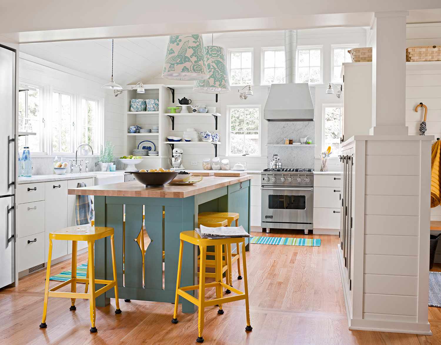 yellow and teal decor wood flooring kitchen