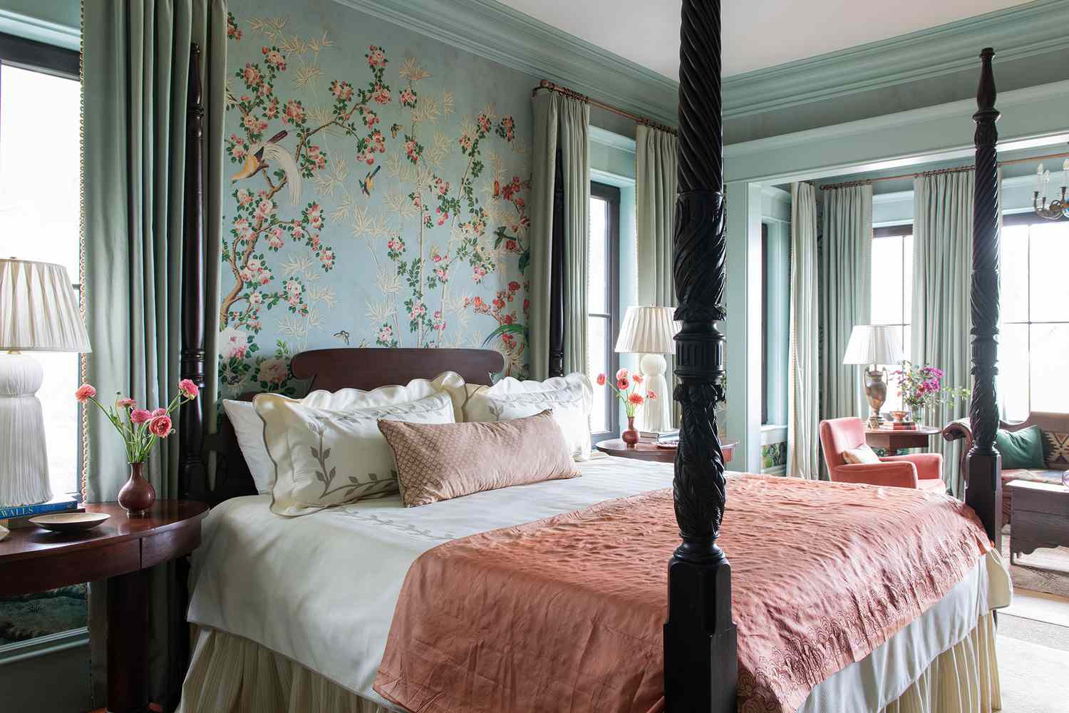 bedroom flowered wallpaper post bed