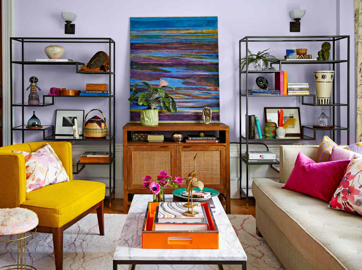 eclectic pink, blue, and yellow midcentury sitting room