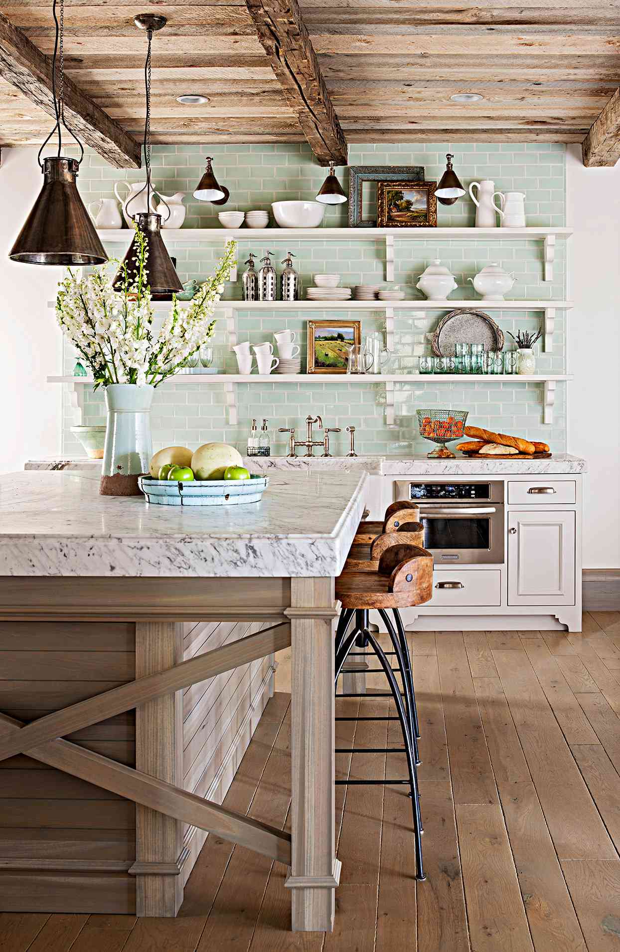 rustic cottage chic kitchen mint green tile white open shelving