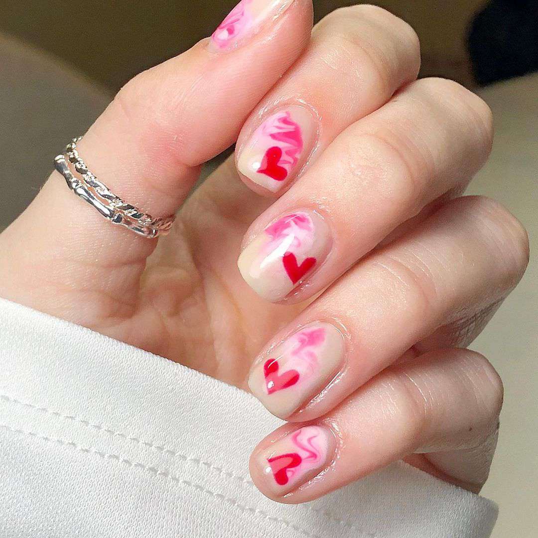 valentines day nails pink and red hearts