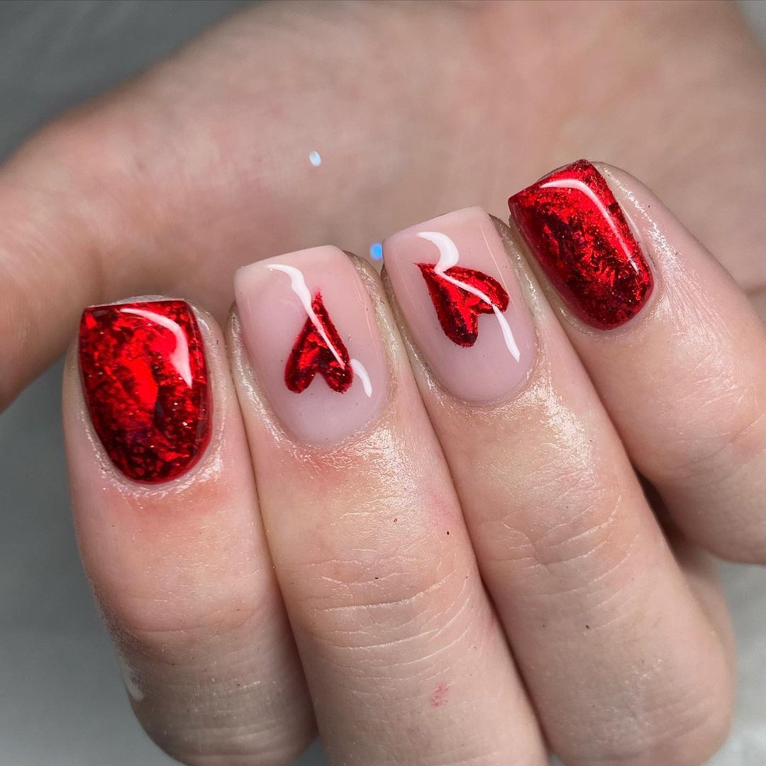 red valentines day nails with hearts